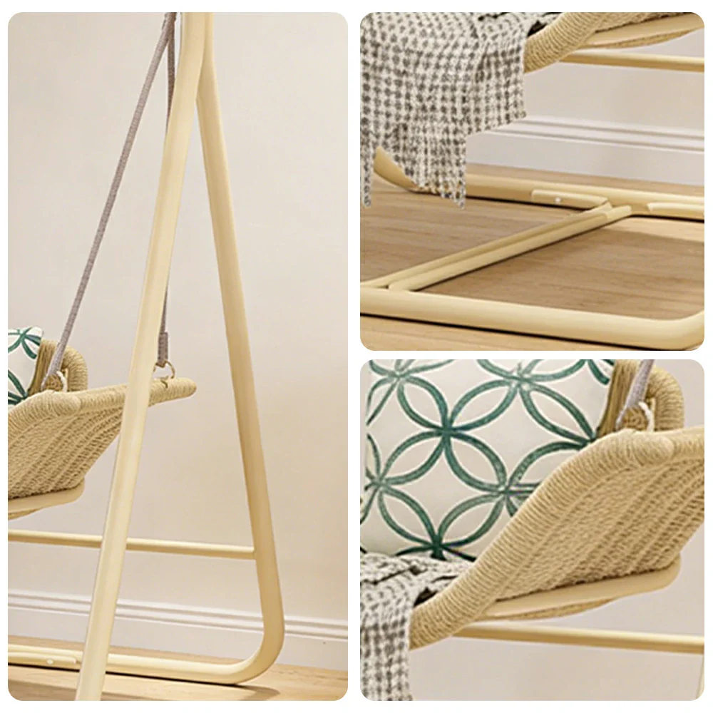 SOLARA Outdoor Hanging Swing Chair Wood Grain Aluminium Frame PE Rattan Seat for Garden Patio Balcony - Khaki - Image 3