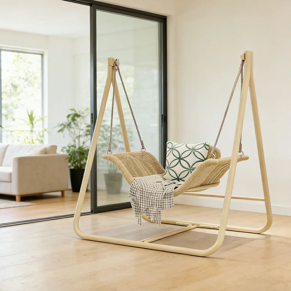 SOLARA Outdoor Hanging Swing Chair Wood Grain Aluminium Frame PE Rattan Seat for Garden Patio Balcony - Khaki - Image 4