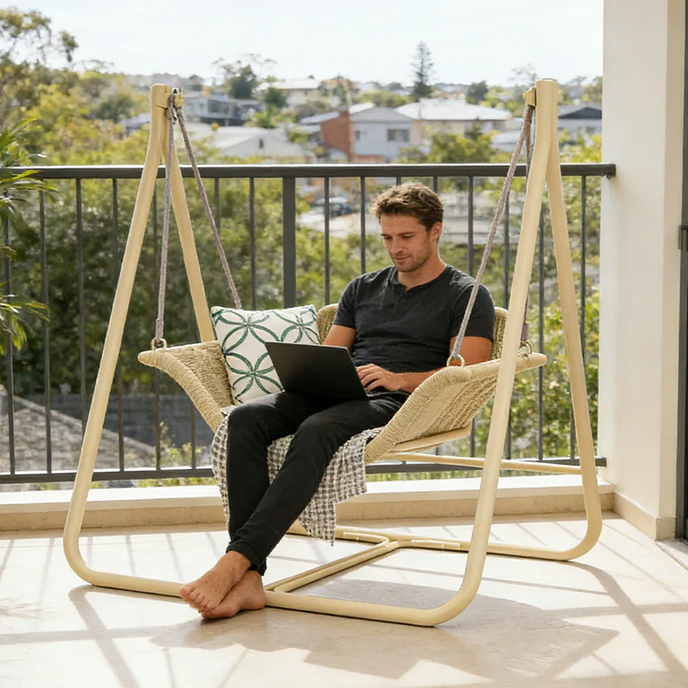 SOLARA Outdoor Hanging Swing Chair Wood Grain Aluminium Frame PE Rattan Seat for Garden Patio Balcony - Khaki - Image 5