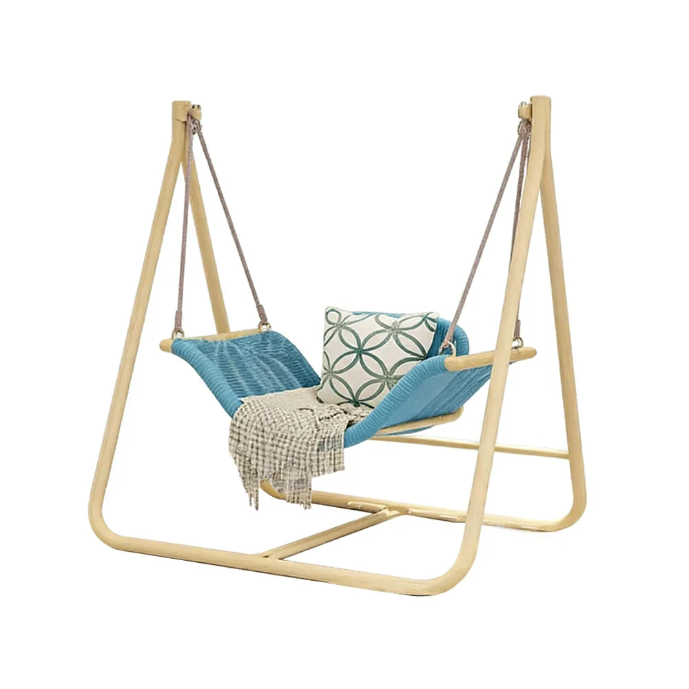 SOLARA Outdoor Hanging Swing Chair Wood Grain Aluminium Frame PE Rattan Seat for Garden Patio Balcony - Blue