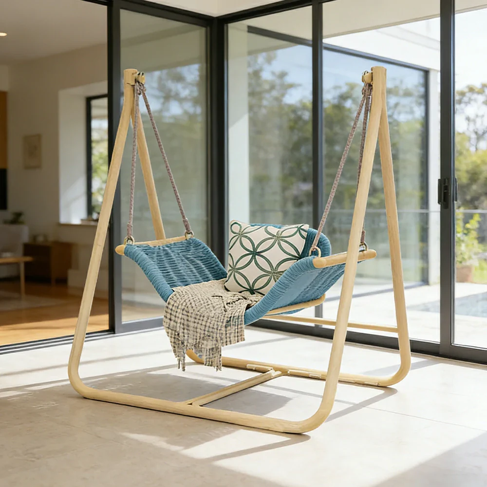 SOLARA Outdoor Hanging Swing Chair Wood Grain Aluminium Frame PE Rattan Seat for Garden Patio Balcony - Blue - Image 2