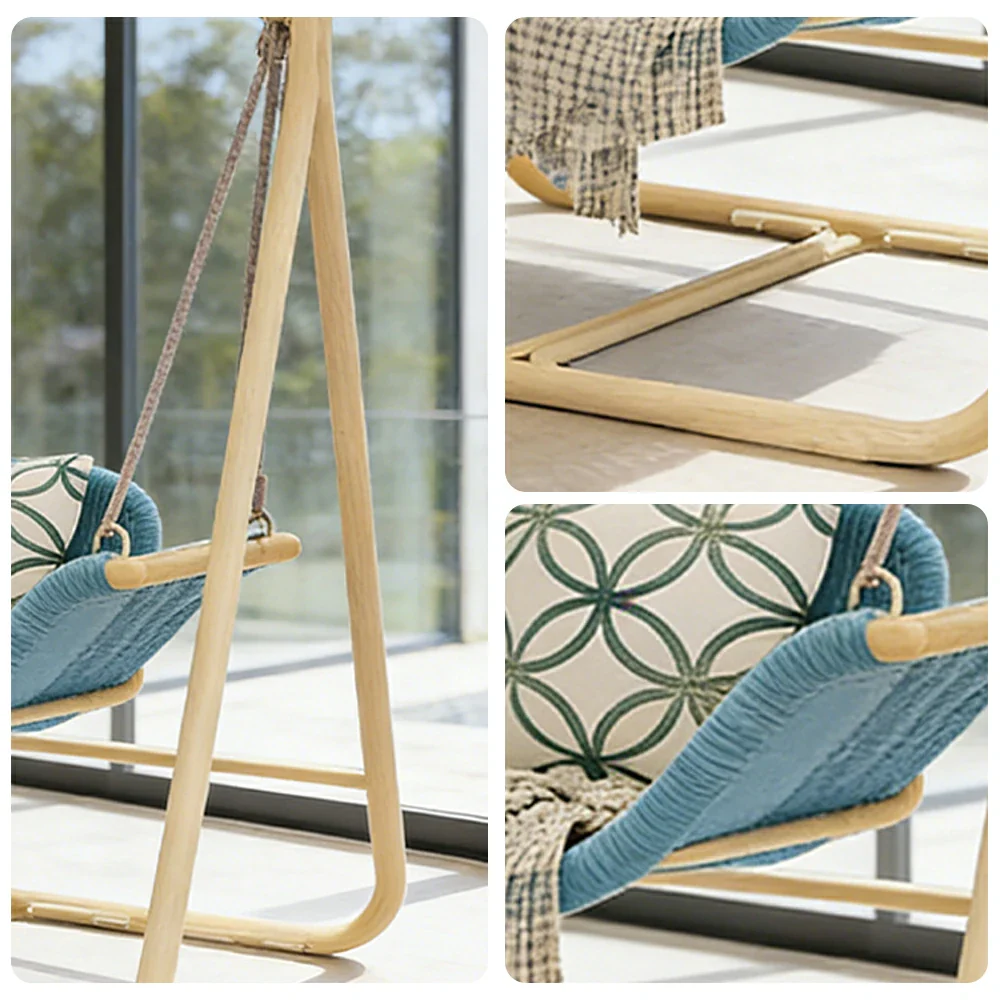 SOLARA Outdoor Hanging Swing Chair Wood Grain Aluminium Frame PE Rattan Seat for Garden Patio Balcony - Blue - Image 3