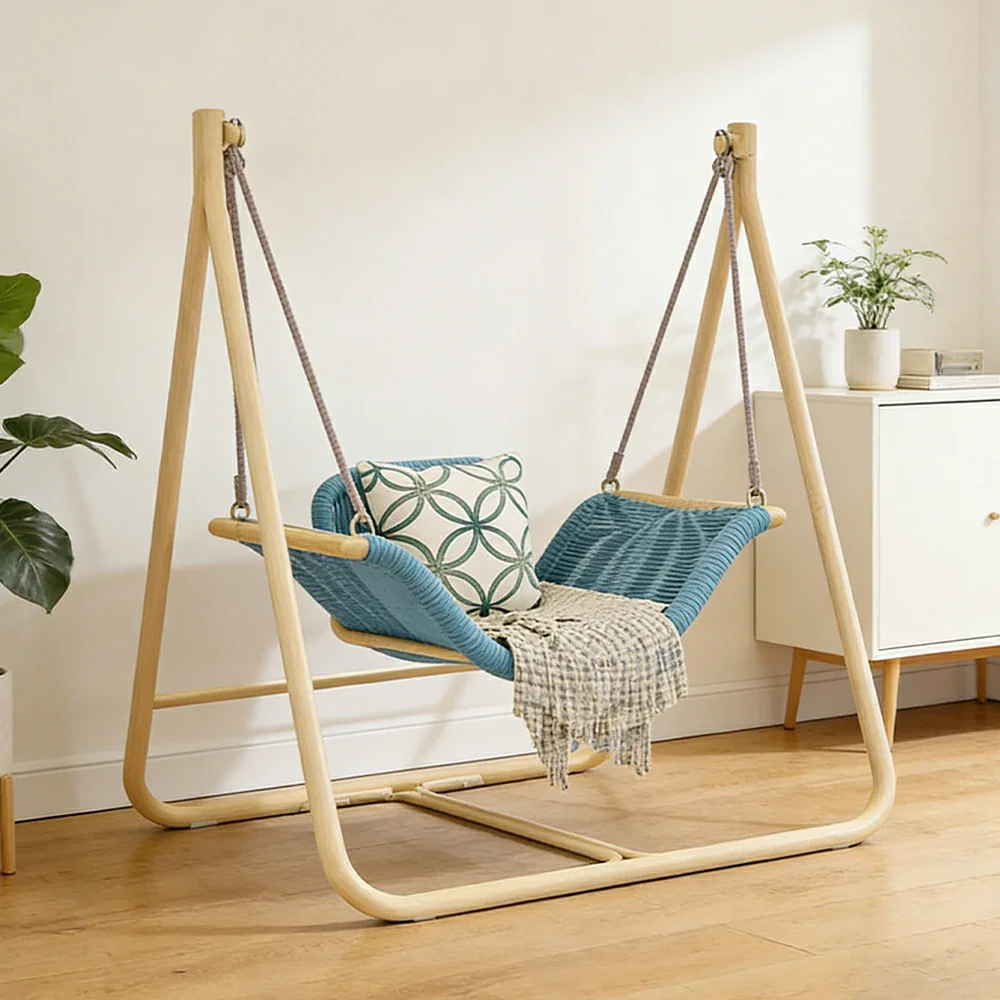 SOLARA Outdoor Hanging Swing Chair Wood Grain Aluminium Frame PE Rattan Seat for Garden Patio Balcony - Blue - Image 4
