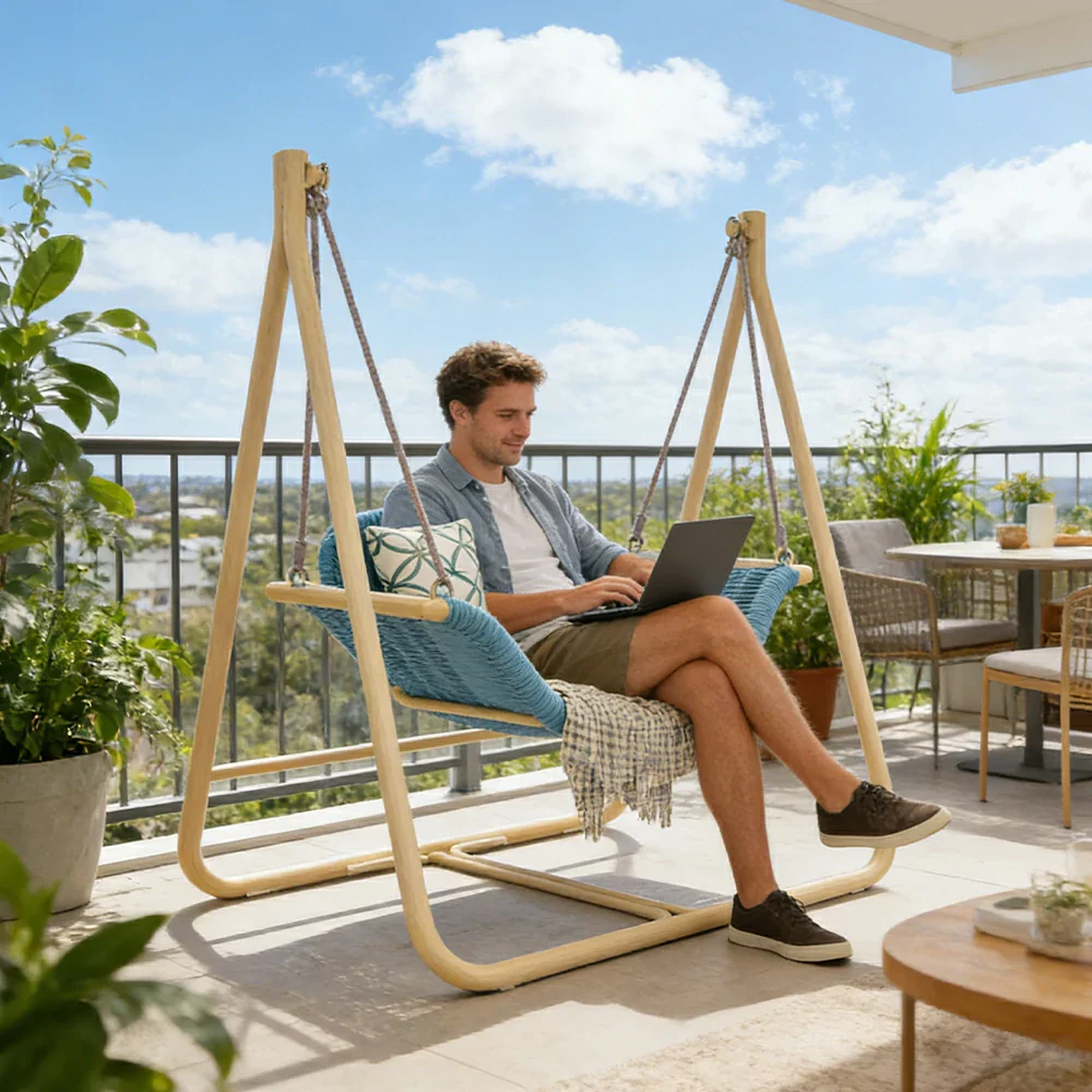 SOLARA Outdoor Hanging Swing Chair Wood Grain Aluminium Frame PE Rattan Seat for Garden Patio Balcony - Blue - Image 5