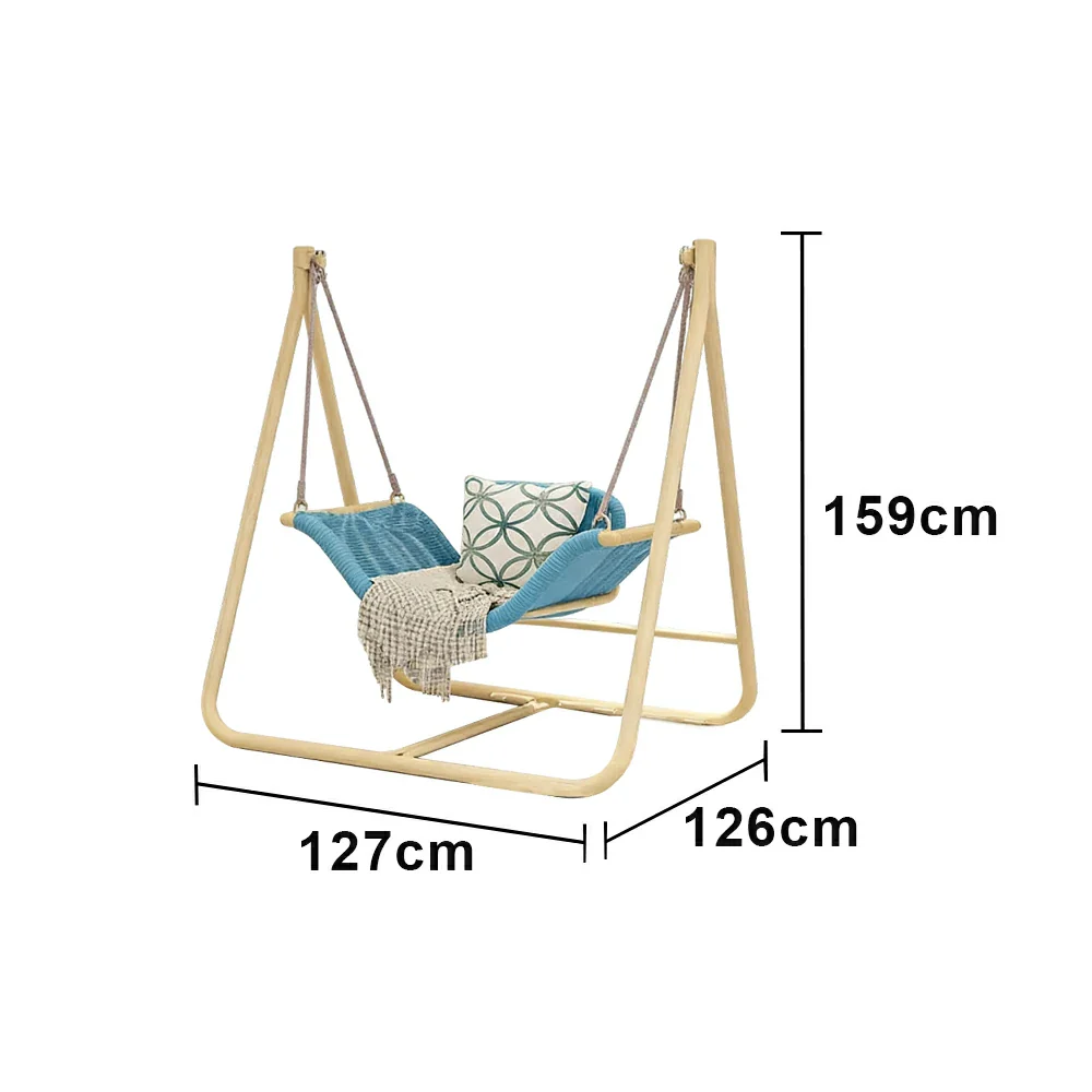 SOLARA Outdoor Hanging Swing Chair Wood Grain Aluminium Frame PE Rattan Seat for Garden Patio Balcony - Blue - Image 6