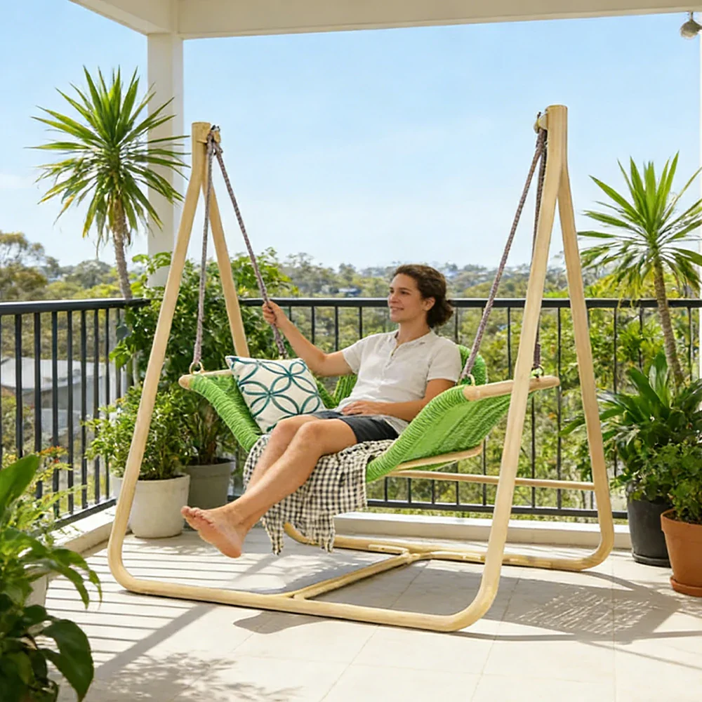 SOLARA Outdoor Hanging Swing Chair Wood Grain Aluminium Frame PE Rattan Seat for Garden Patio Balcony - Green - Image 5
