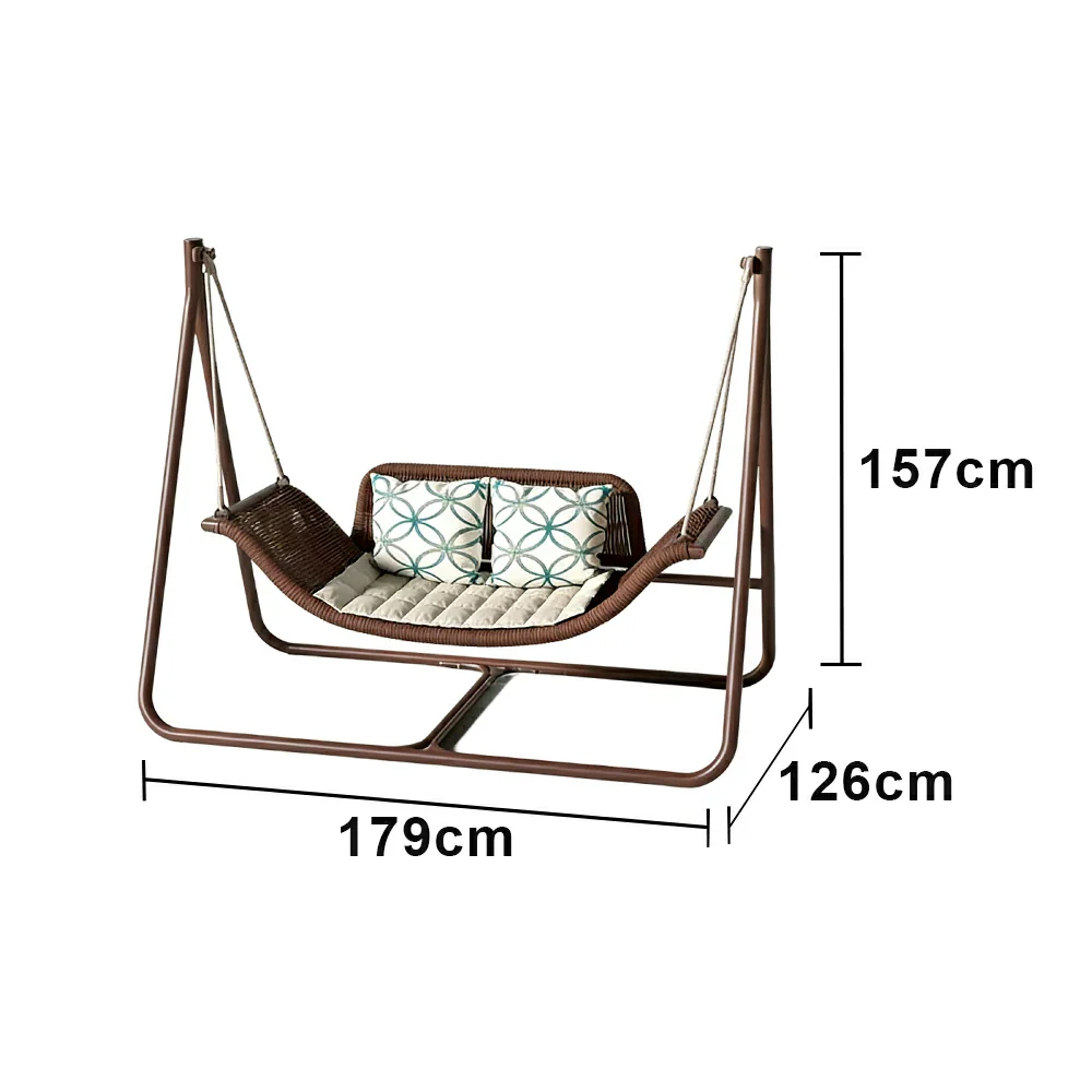 SOLARA Outdoor Hanging Double Swing Chair Wood Grain Aluminium Frame PE Rattan Seat for Garden Patio Balcony - Coffee - Image 6