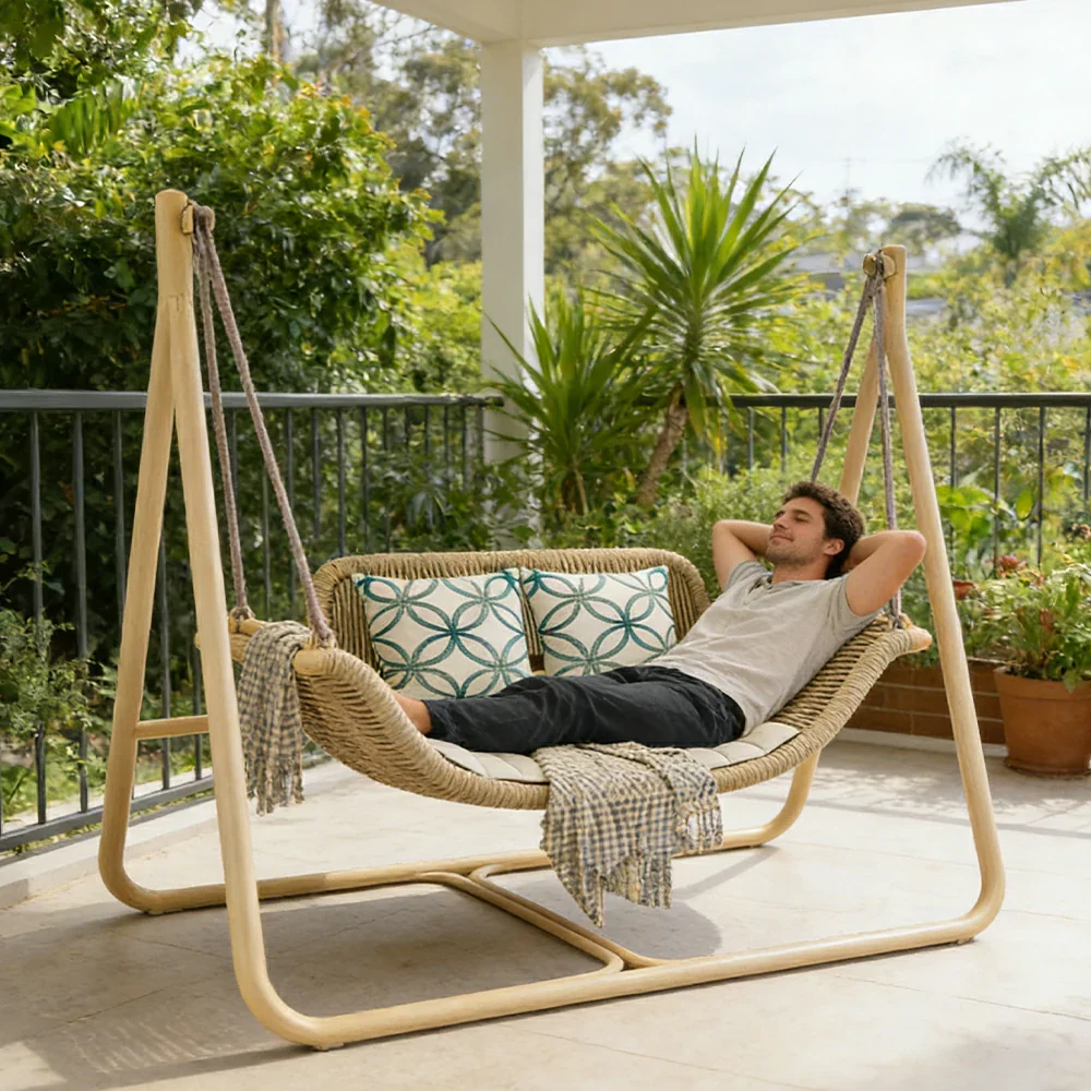 SOLARA Outdoor Hanging Double Swing Chair Wood Grain Aluminium Frame PE Rattan Seat for Garden Patio Balcony - Khaki - Image 5