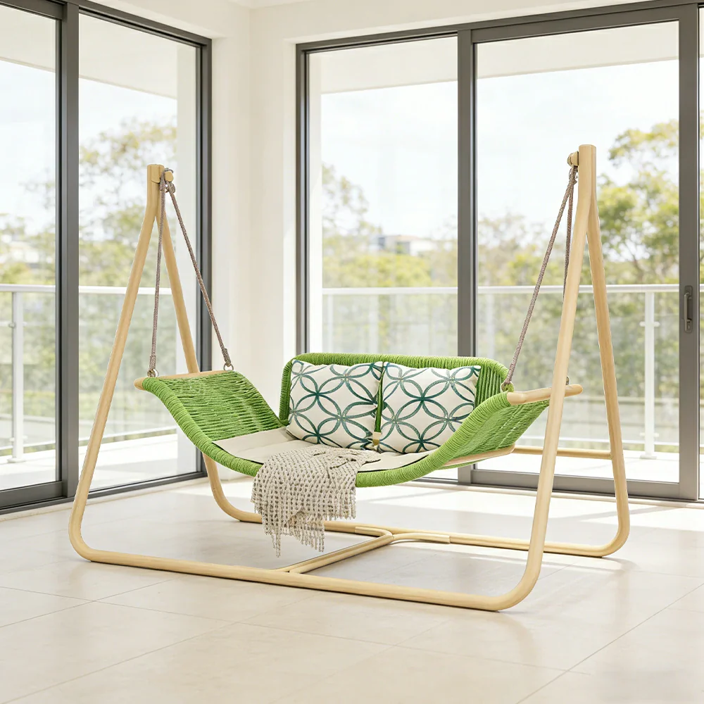 SOLARA Outdoor Hanging Double Swing Chair Wood Grain Aluminium Frame PE Rattan Seat for Garden Patio Balcony - Green - Image 2