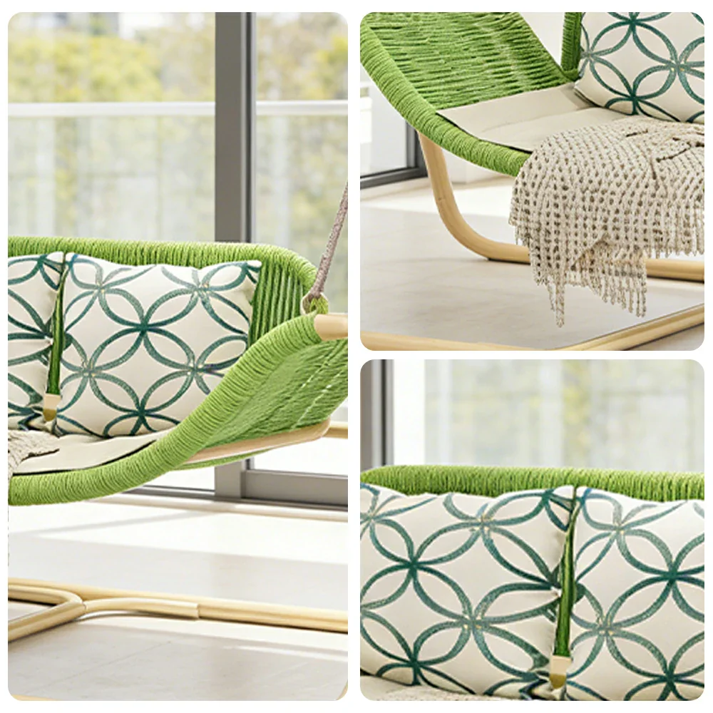 SOLARA Outdoor Hanging Double Swing Chair Wood Grain Aluminium Frame PE Rattan Seat for Garden Patio Balcony - Green - Image 3