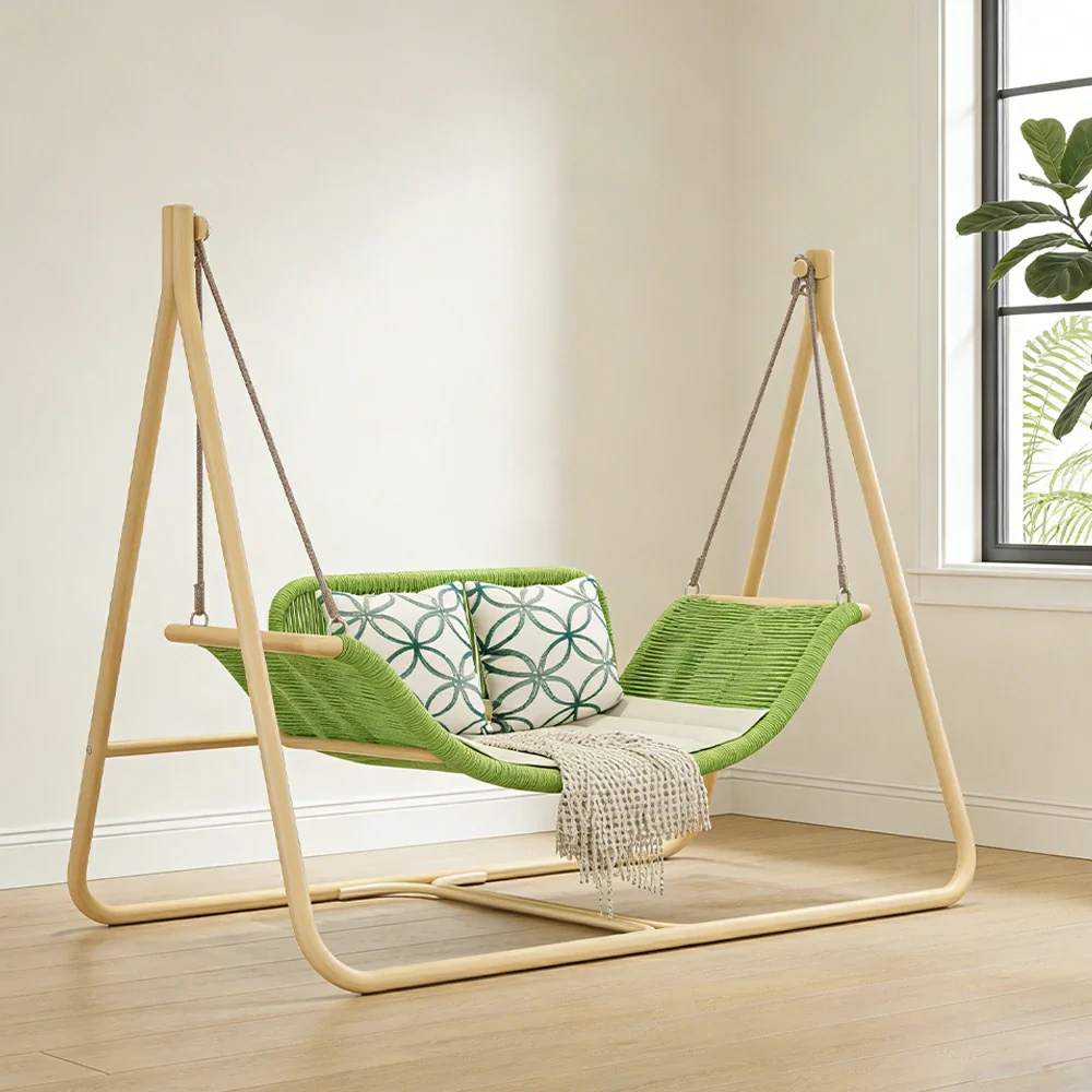 SOLARA Outdoor Hanging Double Swing Chair Wood Grain Aluminium Frame PE Rattan Seat for Garden Patio Balcony - Green - Image 4