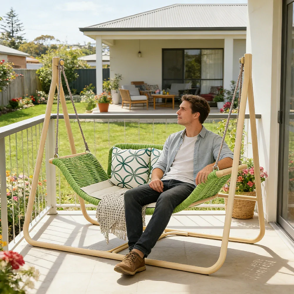 SOLARA Outdoor Hanging Double Swing Chair Wood Grain Aluminium Frame PE Rattan Seat for Garden Patio Balcony - Green - Image 5