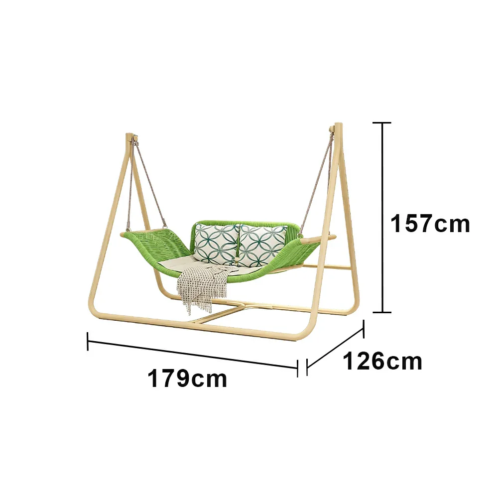 SOLARA Outdoor Hanging Double Swing Chair Wood Grain Aluminium Frame PE Rattan Seat for Garden Patio Balcony - Green - Image 6