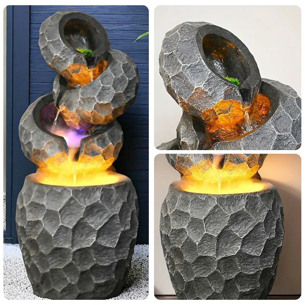 SOLARA Resin Water Fountain - Cascading Waterfall, UV-Resistant, Waterproof, Elegant Lighting, Perfect for Outdoor Decor - Image 3