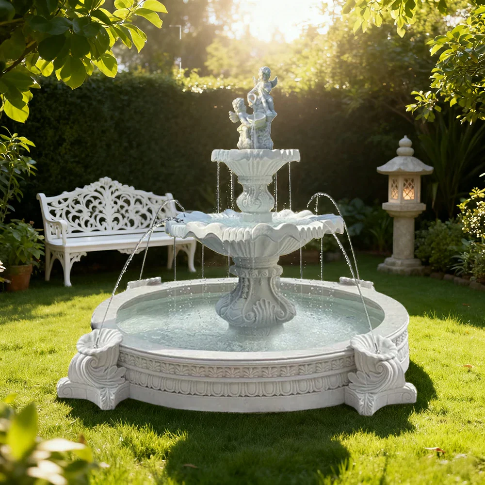 SOLARA Natural Sandstone Outdoor Fountain with 2.4m Fish Pond, Circulation Pump System, Smooth Carved Stone, Exterior Water Feature - Image 2