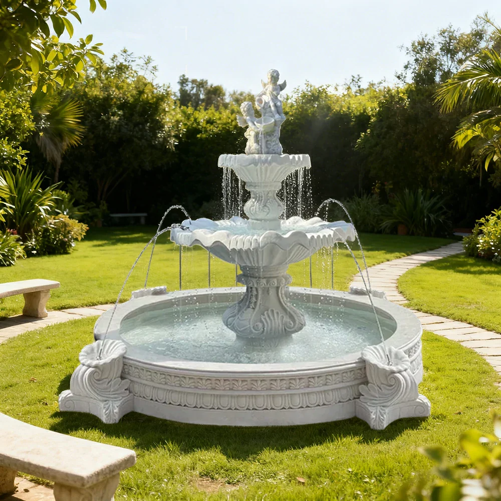 SOLARA Natural Sandstone Outdoor Fountain with 2.4m Fish Pond, Circulation Pump System, Smooth Carved Stone, Exterior Water Feature - Image 4