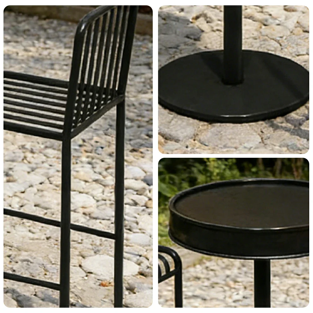 SOLARA 1 Table 2 Chairs Set - Industrial Style Bar Table Design, Durable Iron Frame, Space-Saving Patio Balcony Cafe Dining Set - Black - Image 3