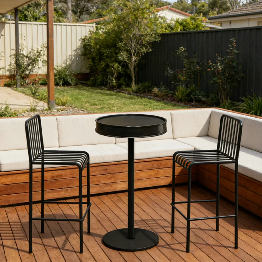 SOLARA 1 Table 2 Chairs Set - Industrial Style Bar Table Design, Durable Iron Frame, Space-Saving Patio Balcony Cafe Dining Set - Black - Image 4