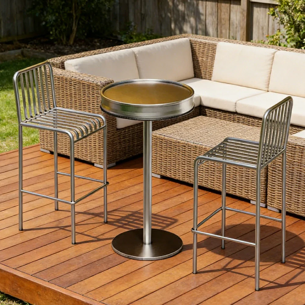 SOLARA 1 Table 2 Chairs Set - Industrial Style Bar Table Design, Durable Iron Frame, Space-Saving Patio Balcony Cafe Dining Set - Silver - Image 4