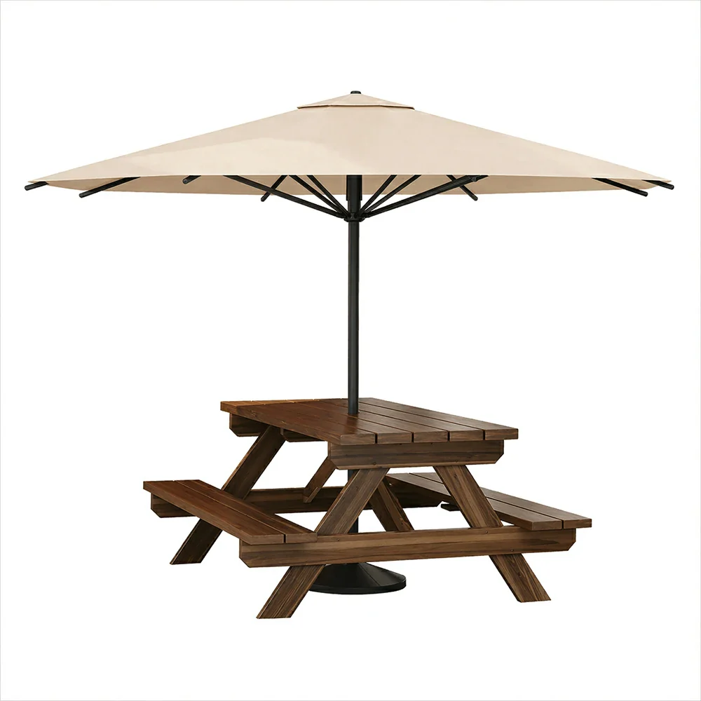 SOLARA Outdoor Table & Bench Set with Umbrella 120/150/180cm - Wooden Picnic Dining Furniture, Garden & Patio Seating with Sunshade & Rain Protection - Beige