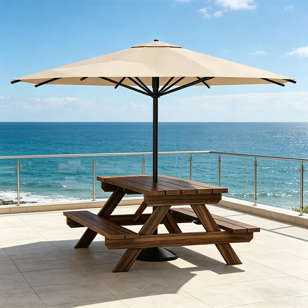 SOLARA Outdoor Table & Bench Set with Umbrella 120/150/180cm - Wooden Picnic Dining Furniture, Garden & Patio Seating with Sunshade & Rain Protection - Beige - Image 2
