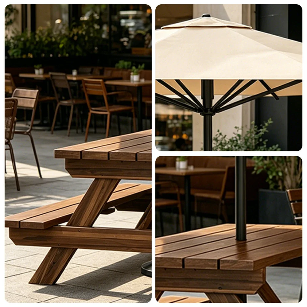 SOLARA Outdoor Table & Bench Set with Umbrella 120/150/180cm - Wooden Picnic Dining Furniture, Garden & Patio Seating with Sunshade & Rain Protection - Beige - Image 3