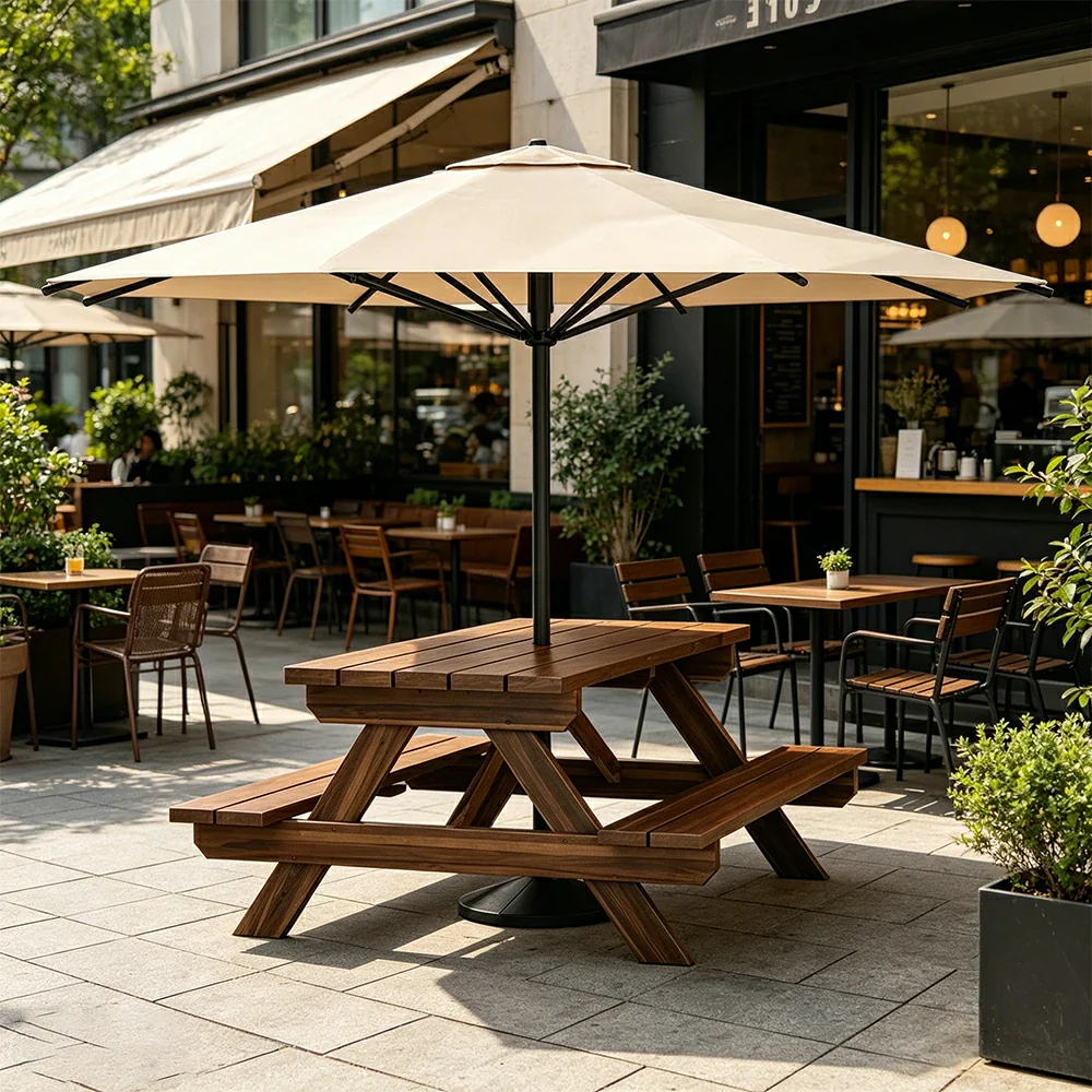 SOLARA Outdoor Table & Bench Set with Umbrella 120/150/180cm - Wooden Picnic Dining Furniture, Garden & Patio Seating with Sunshade & Rain Protection - Beige - Image 5