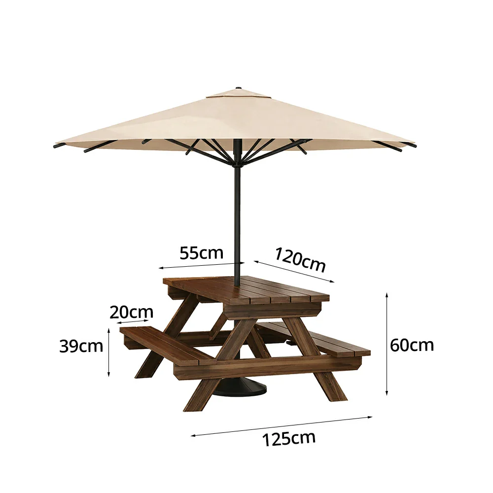 SOLARA Outdoor Table & Bench Set with Umbrella 120/150/180cm - Wooden Picnic Dining Furniture, Garden & Patio Seating with Sunshade & Rain Protection - Beige - Image 8