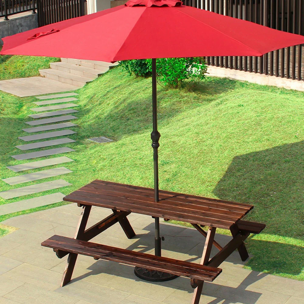 SOLARA Outdoor Table & Bench Set with Umbrella - Wooden Picnic Dining Furniture, Garden & Patio Seating with Sunshade & Rain Protection - Brown - Image 5