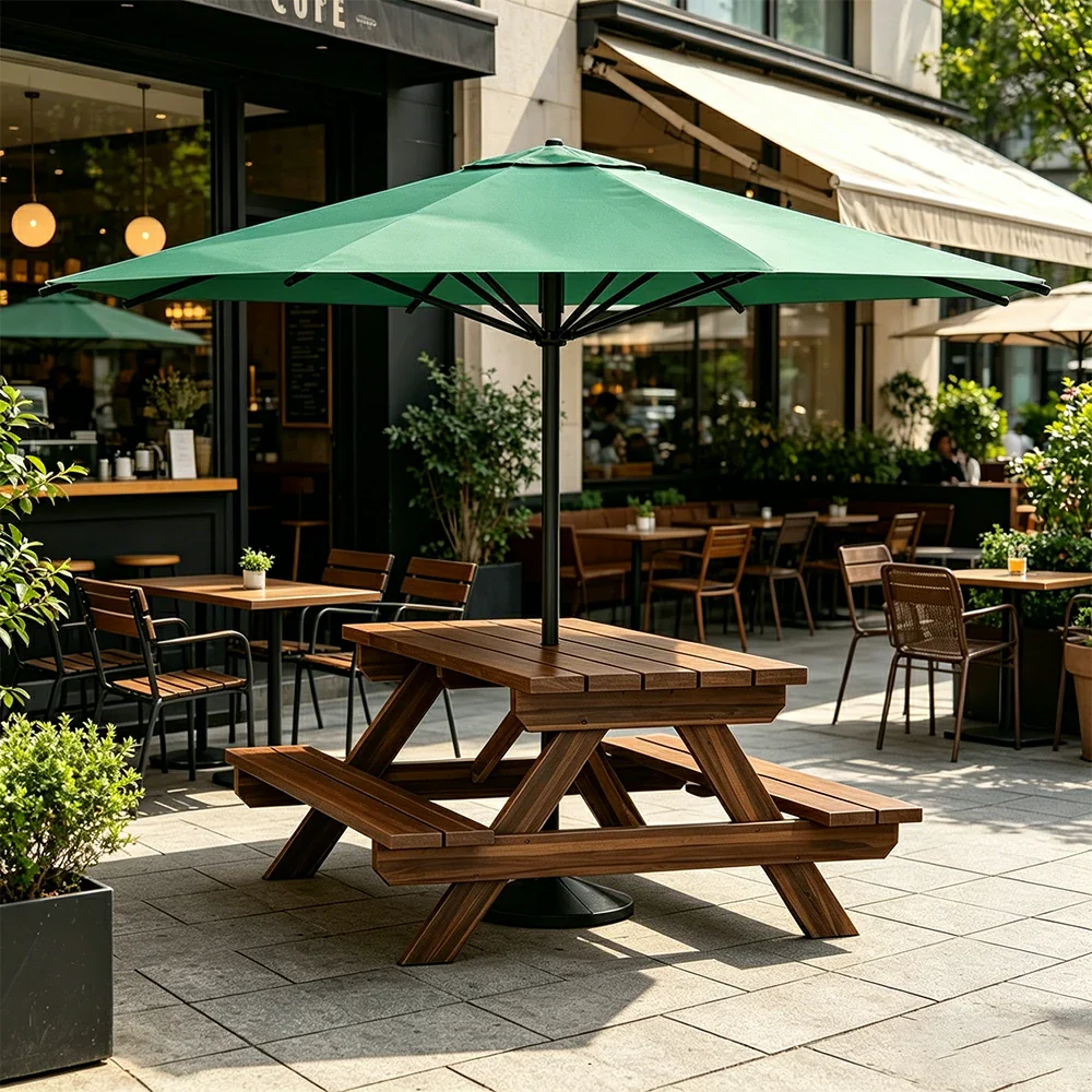SOLARA Outdoor Table & Bench Set with Umbrella 120/150/180cm - Wooden Picnic Dining Furniture, Garden & Patio Seating with Sunshade & Rain Protection - Green - Image 2
