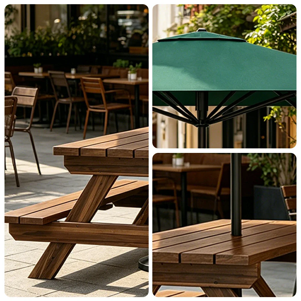 SOLARA Outdoor Table & Bench Set with Umbrella 120/150/180cm - Wooden Picnic Dining Furniture, Garden & Patio Seating with Sunshade & Rain Protection - Green - Image 3