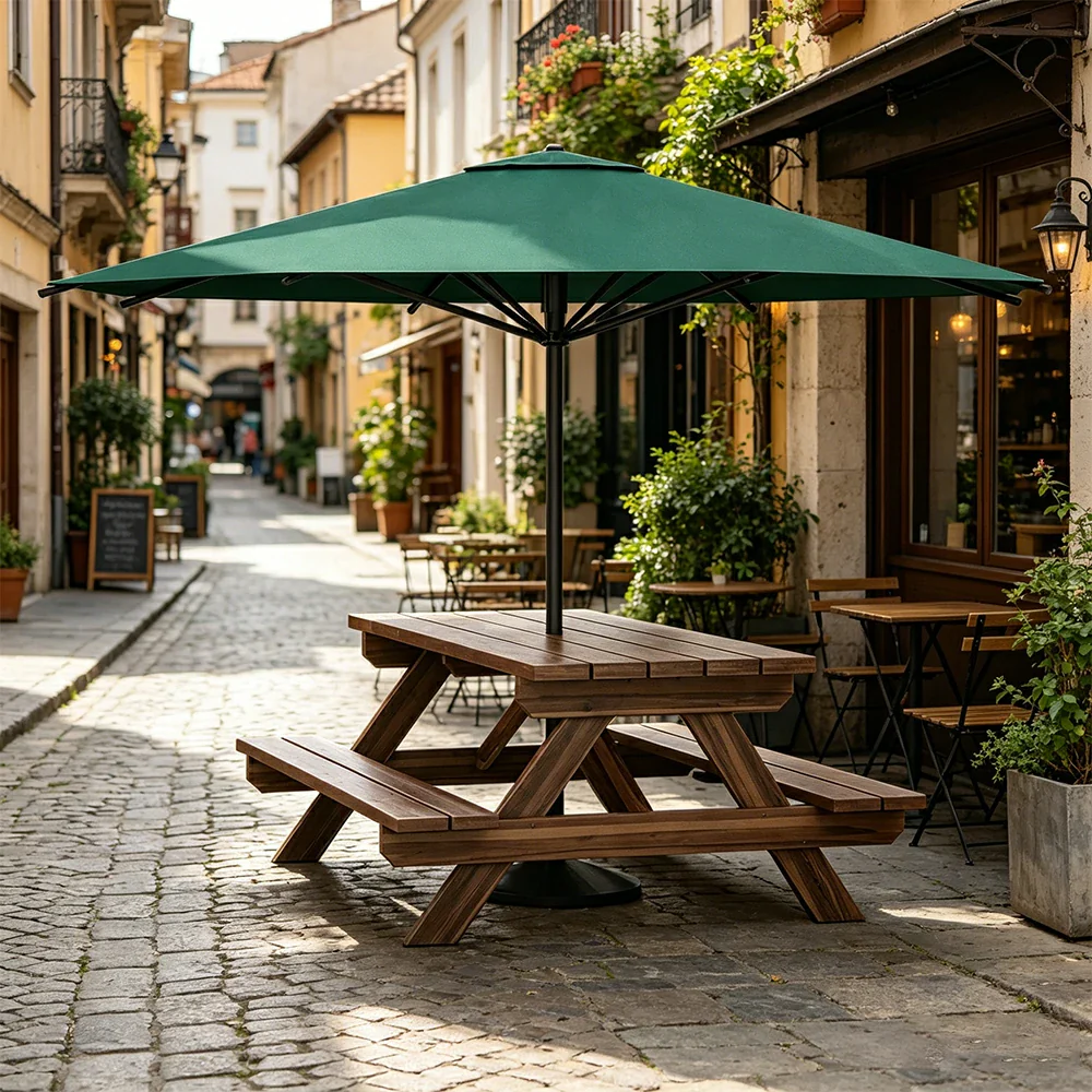 SOLARA Outdoor Table & Bench Set with Umbrella 120/150/180cm - Wooden Picnic Dining Furniture, Garden & Patio Seating with Sunshade & Rain Protection - Green - Image 4