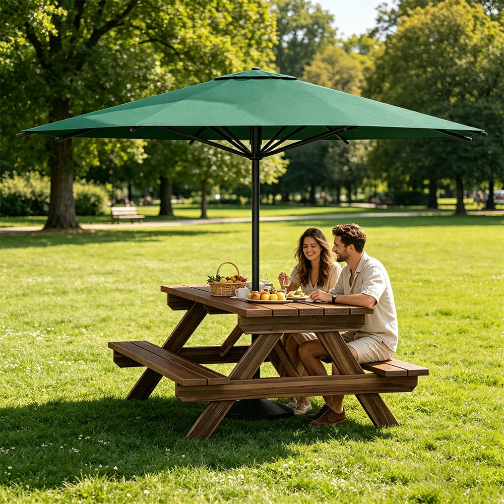 SOLARA Outdoor Table & Bench Set with Umbrella 120/150/180cm - Wooden Picnic Dining Furniture, Garden & Patio Seating with Sunshade & Rain Protection - Green - Image 5