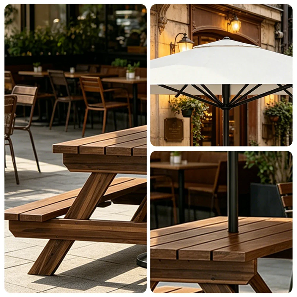 SOLARA Outdoor Table & Bench Set with Umbrella 120/150/180cm - Wooden Picnic Dining Furniture, Garden & Patio Seating with Sunshade & Rain Protection - White - Image 3