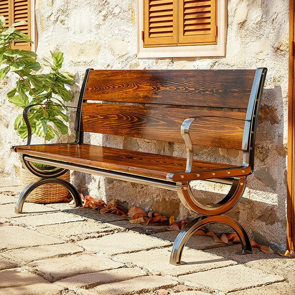 SOLARA Outdoor Bench with Backrest & Solid Metal Frame - Durable Wooden 150cm Garden Seating, Reinforced Structure for Patio & Courtyard Use - Brown - Image 2