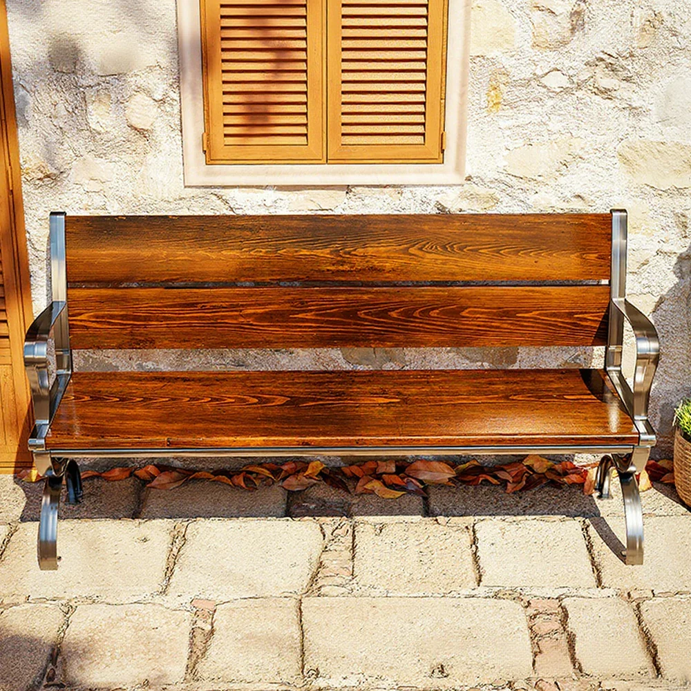 SOLARA Outdoor Bench with Backrest & Solid Metal Frame - Durable Wooden 150cm Garden Seating, Reinforced Structure for Patio & Courtyard Use - Brown - Image 4