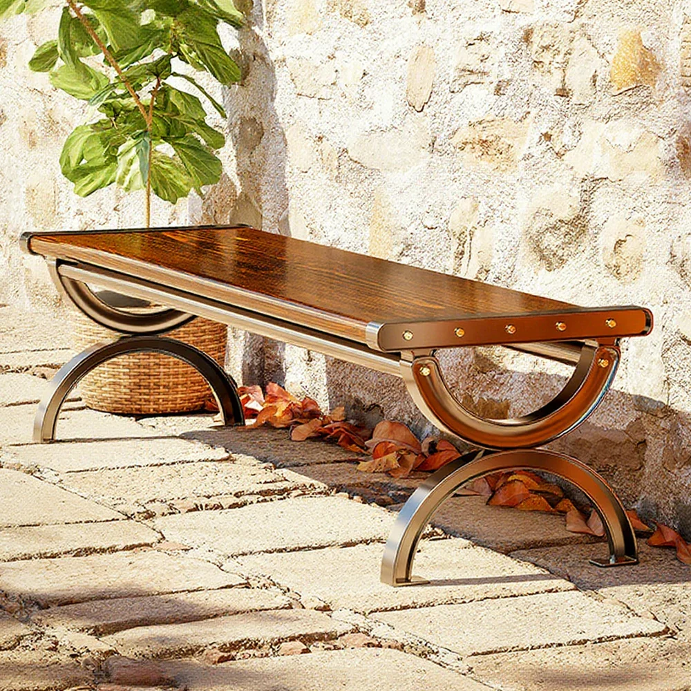 SOLARA Outdoor Bench with Solid Metal Frame - Durable Wooden 150cm Garden Seating, One-Piece Board Design, Reinforced Structure for Patio & Courtyard Use - Brown - Image 2