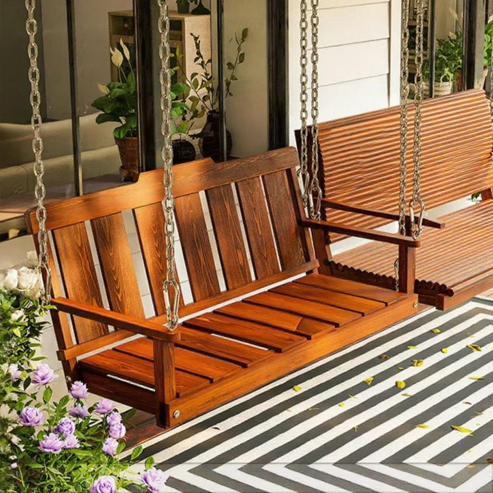SOLARA Outdoor Swing Hanging Chair with Backrest - Finnish Solid Wood with Stainless Steel Chain, 120cm Garden & Patio Relaxation Seat - Brown - Image 4
