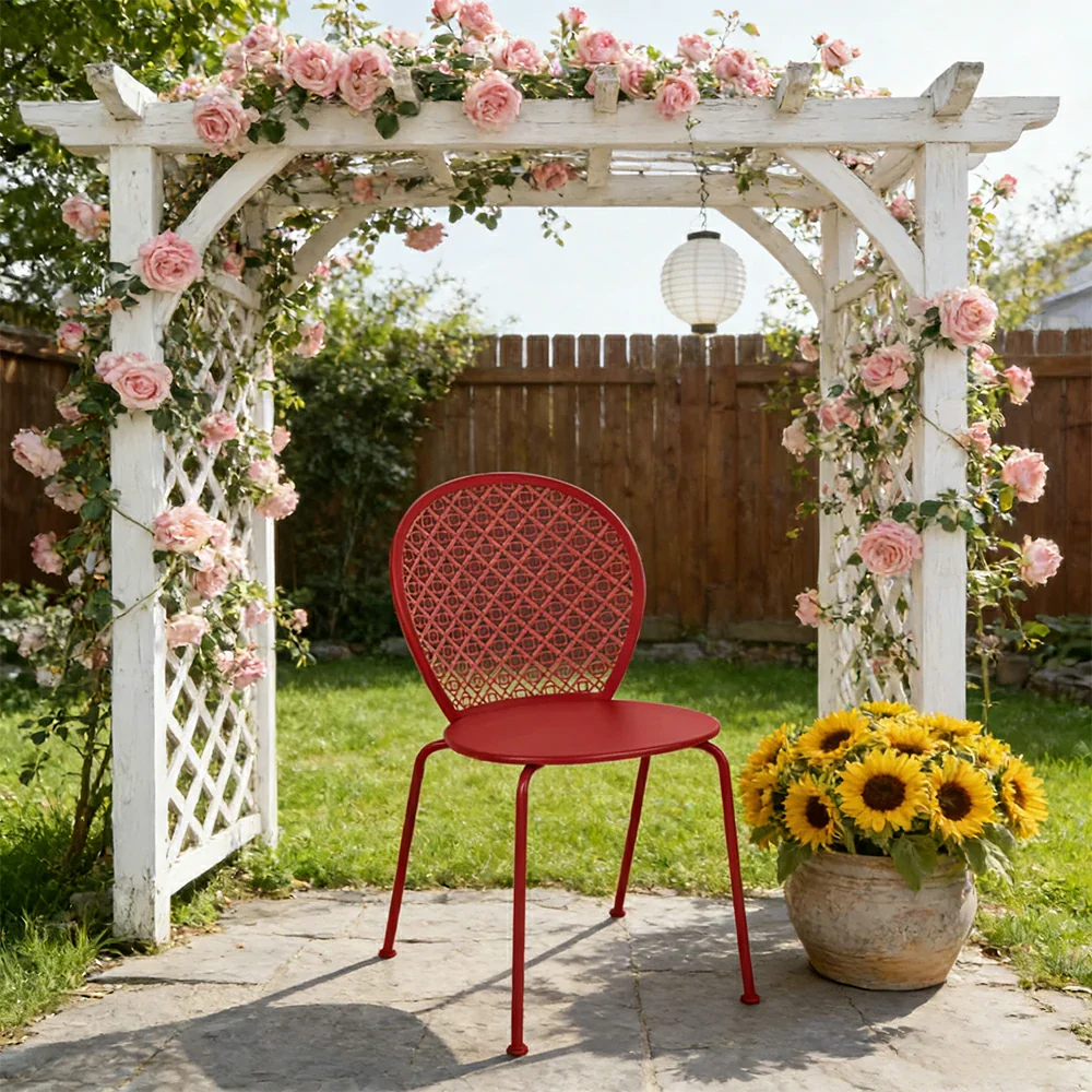 SOLARA Outdoor Dining Chair Weather-Resistant Rust-Resistant Metal Frame Easy-Clean Design with Rounded Safety Edges - Red - Image 4