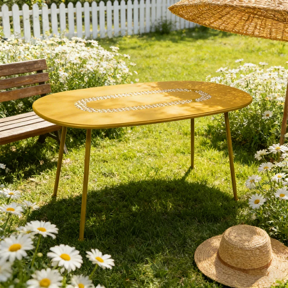 SOLARA Outdoor Table Weather-Resistant Rust-Resistant Metal Frame Easy-Clean Design with Rounded Safety Edges - Yellow - Image 2