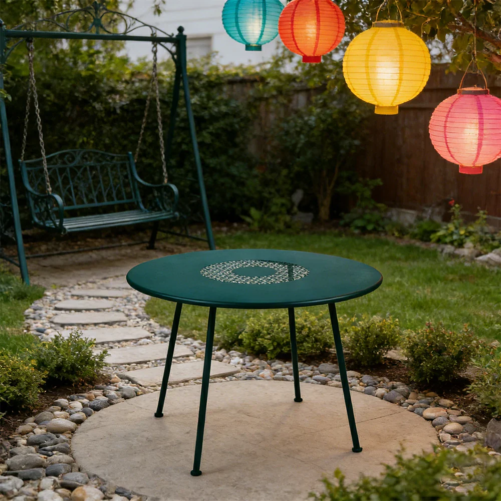 SOLARA Outdoor Round Table Weather-Resistant Rust-Resistant Metal Frame Easy-Clean Design with Rounded Safety Edges - Blue - Image 4