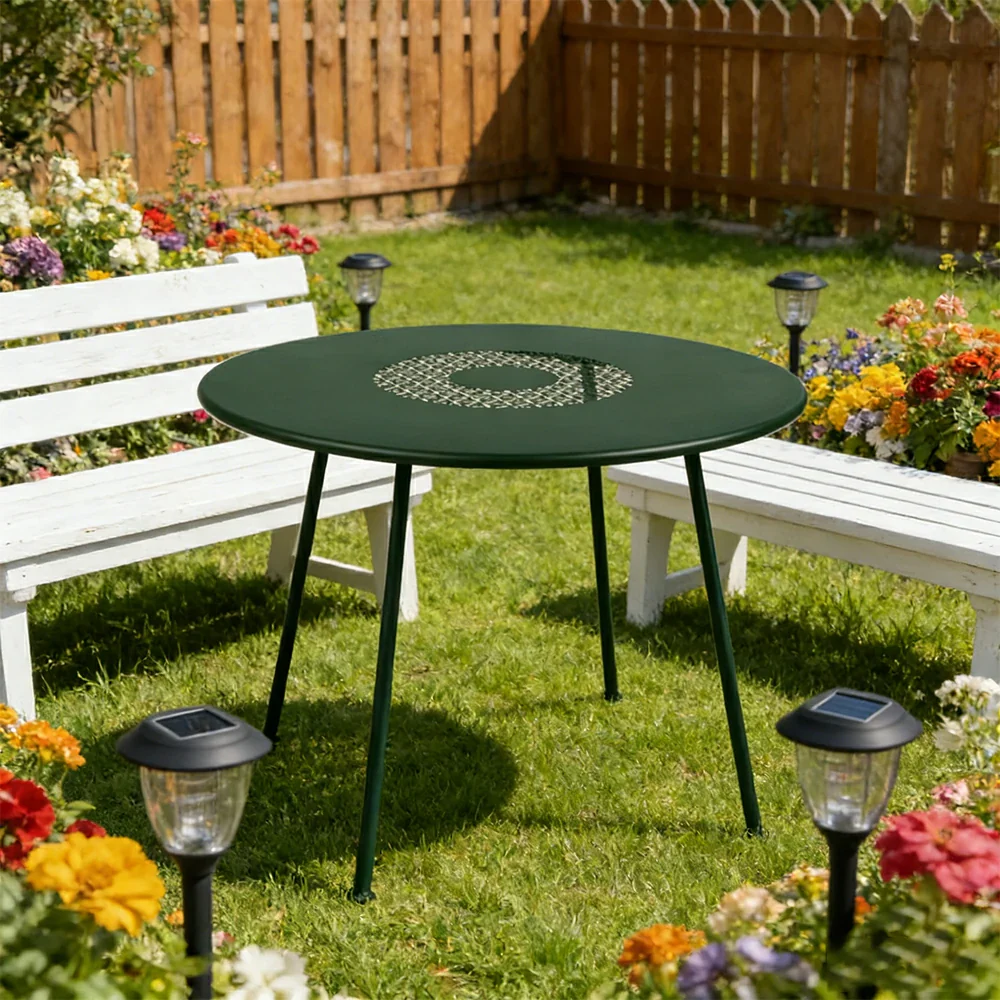 SOLARA Outdoor Round Table Weather-Resistant Rust-Resistant Metal Frame Easy-Clean Design with Rounded Safety Edges - Green - Image 2