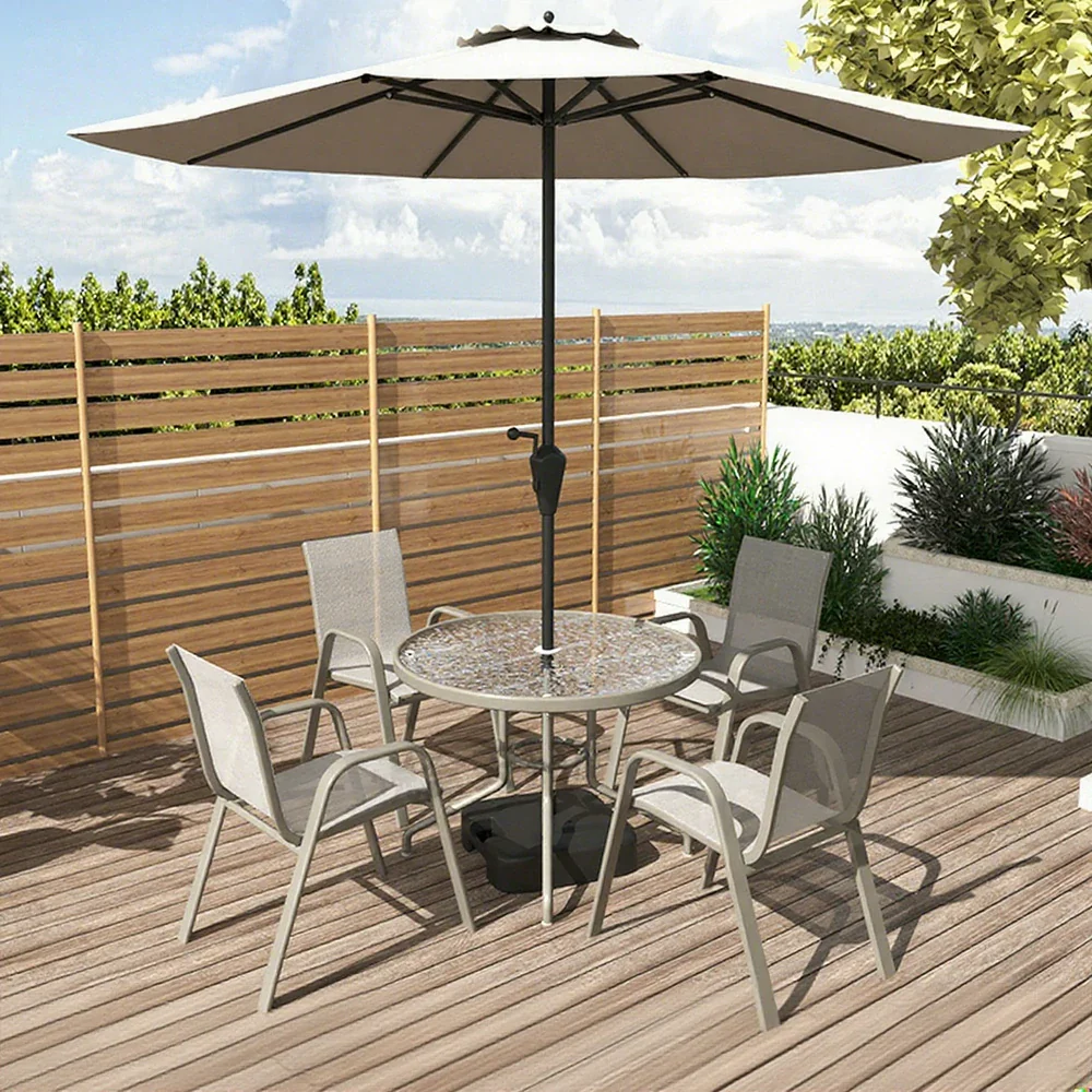 SOLARA Outdoor Table & Chair Set with Umbrella – Round Tempered Glass Table, Breathable Teslin Chairs, Sturdy Steel Frame - Khaki - Image 2