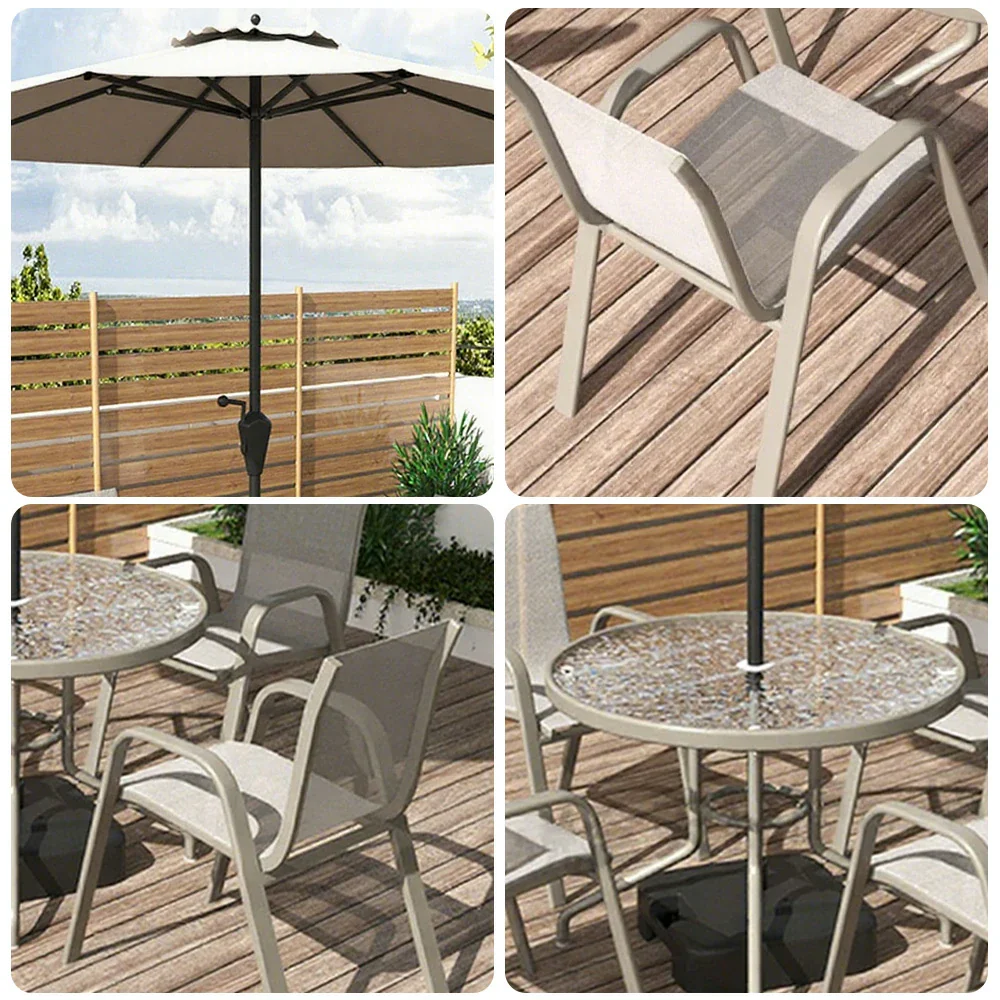 SOLARA Outdoor Table & Chair Set with Umbrella – Round Tempered Glass Table, Breathable Teslin Chairs, Sturdy Steel Frame - Khaki - Image 3