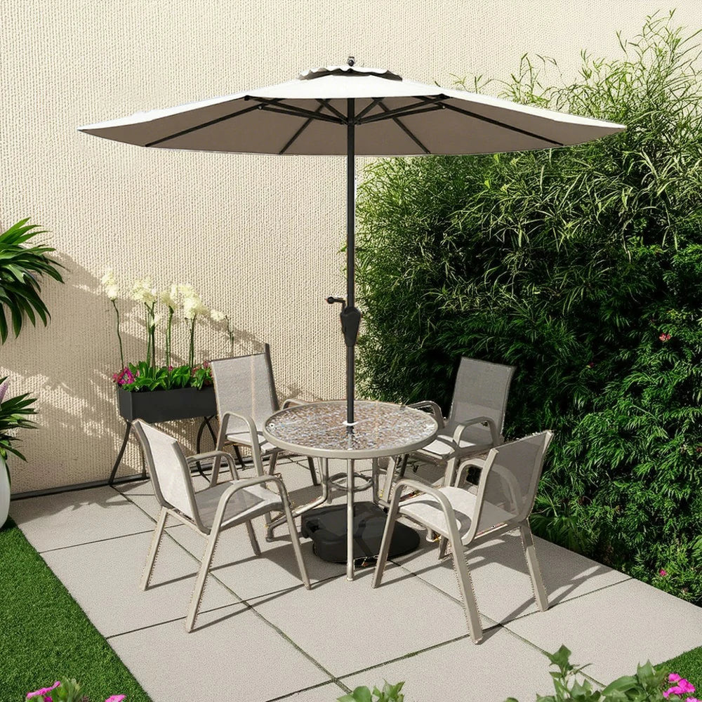 SOLARA Outdoor Table & Chair Set with Umbrella – Round Tempered Glass Table, Breathable Teslin Chairs, Sturdy Steel Frame - Khaki - Image 4