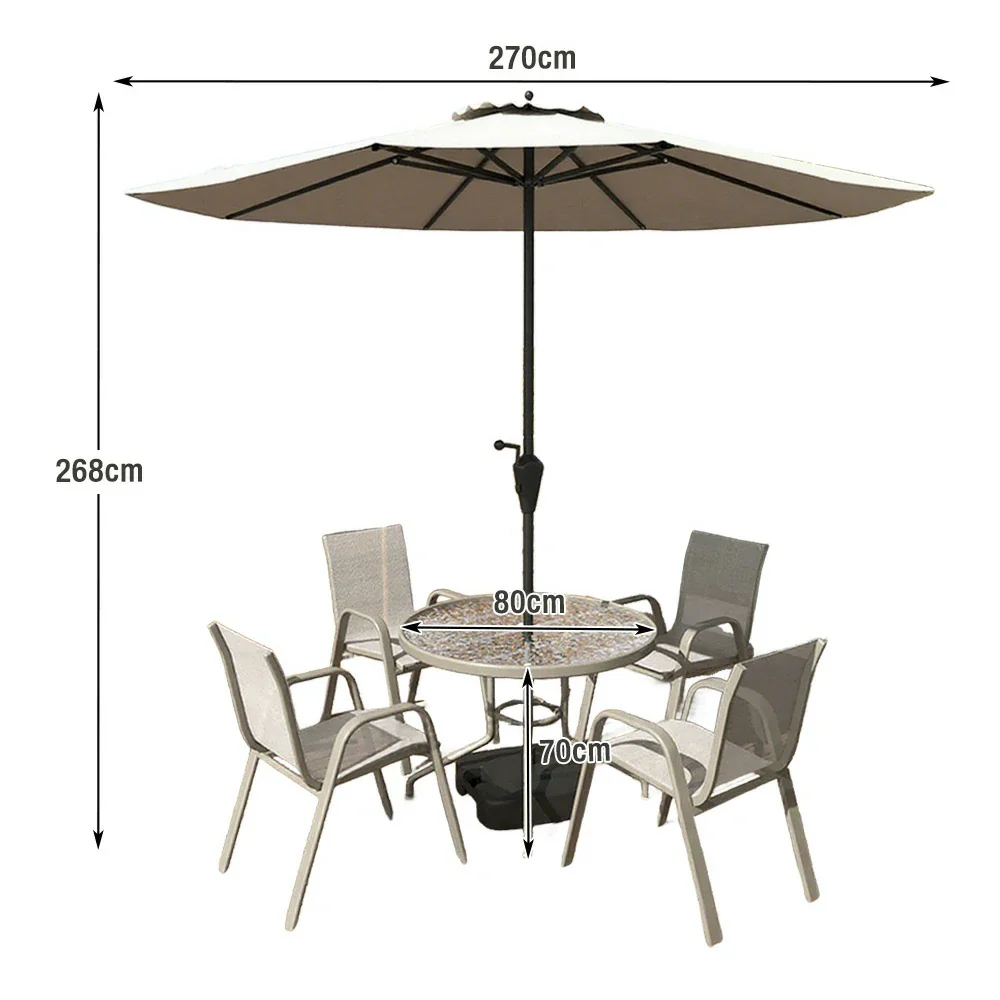 SOLARA Outdoor Table & Chair Set with Umbrella – Round Tempered Glass Table, Breathable Teslin Chairs, Sturdy Steel Frame - Khaki - Image 6
