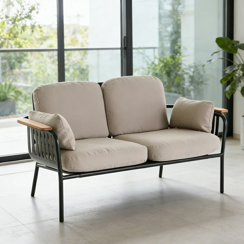 SOLARA Outdoor 2-Seater Sofa - Aluminium Alloy Frame with Teak Armrests, Waterproof UV-Resistant Cushions, Deep Comfort Patio Lounge - Beige - Image 2