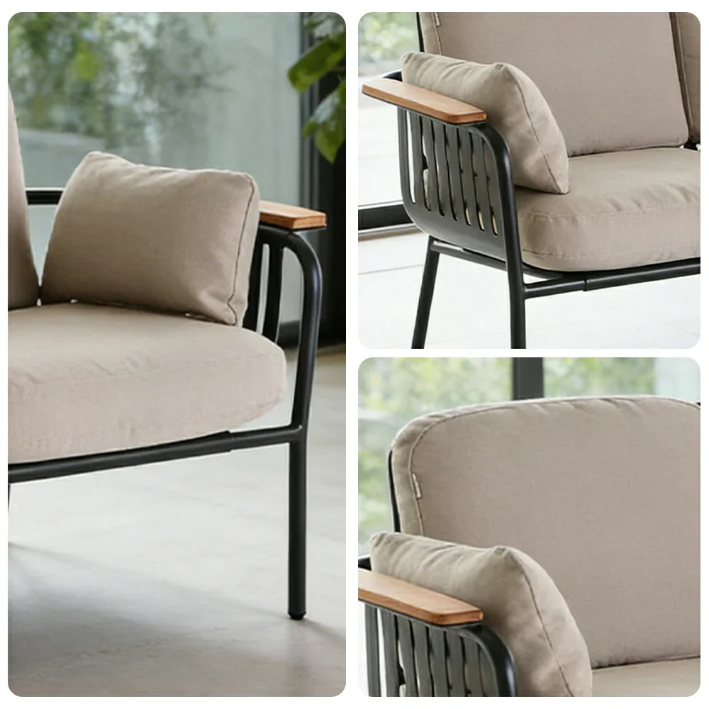 SOLARA Outdoor 2-Seater Sofa - Aluminium Alloy Frame with Teak Armrests, Waterproof UV-Resistant Cushions, Deep Comfort Patio Lounge - Beige - Image 3
