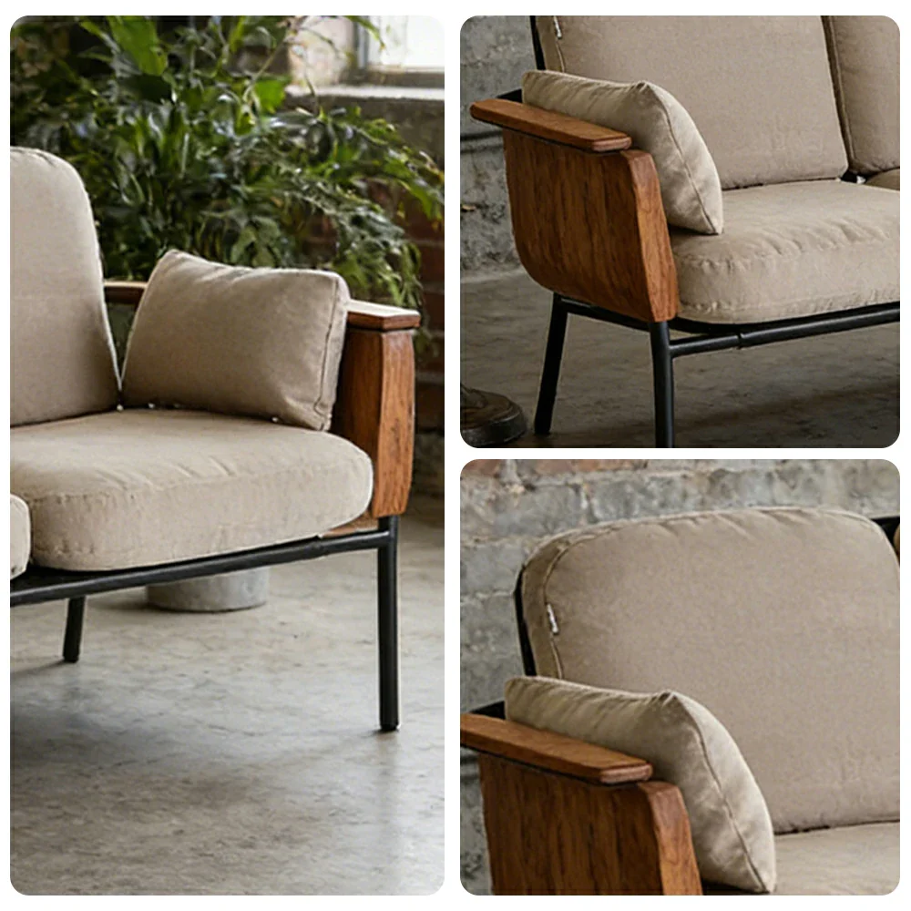 SOLARA Outdoor 3-Seater Sofa - Aluminium Alloy Frame with Teak Armrests, Waterproof UV-Resistant Cushions, Deep Comfort Patio Lounge - Beige - Image 3