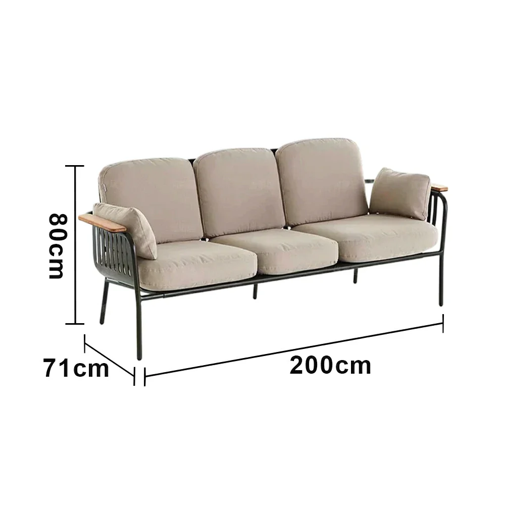 SOLARA Outdoor 3-Seater Sofa - Aluminium Alloy Frame with Teak Armrests, Waterproof UV-Resistant Cushions, Deep Comfort Patio Lounge - Beige - Image 5